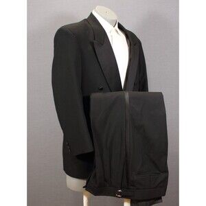 Neil Allyn Formal Black Tuxedo Double Breasted Satin Lapelle Wool 42R Pleated